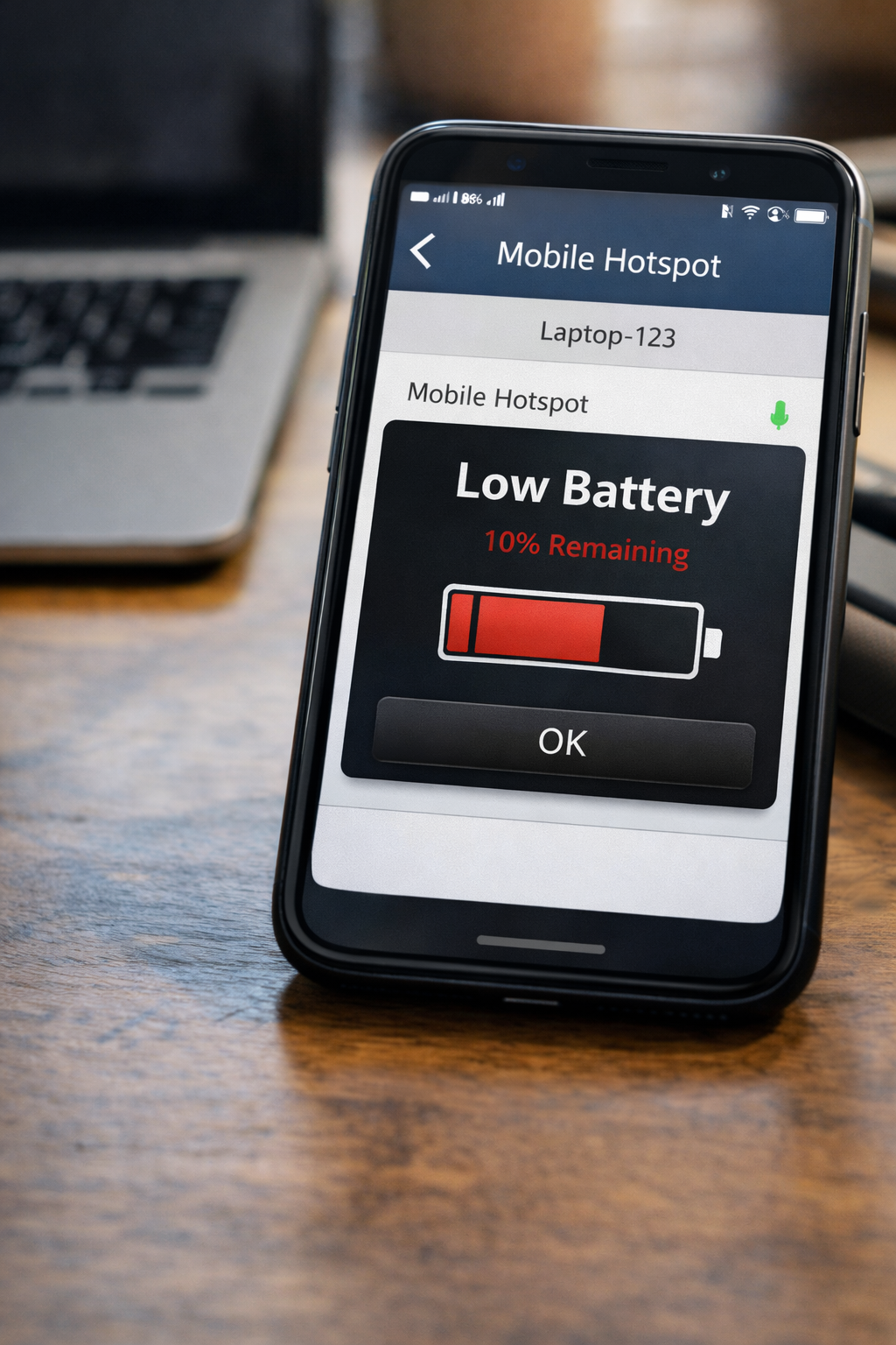 Low battery warning using phone as hotspot