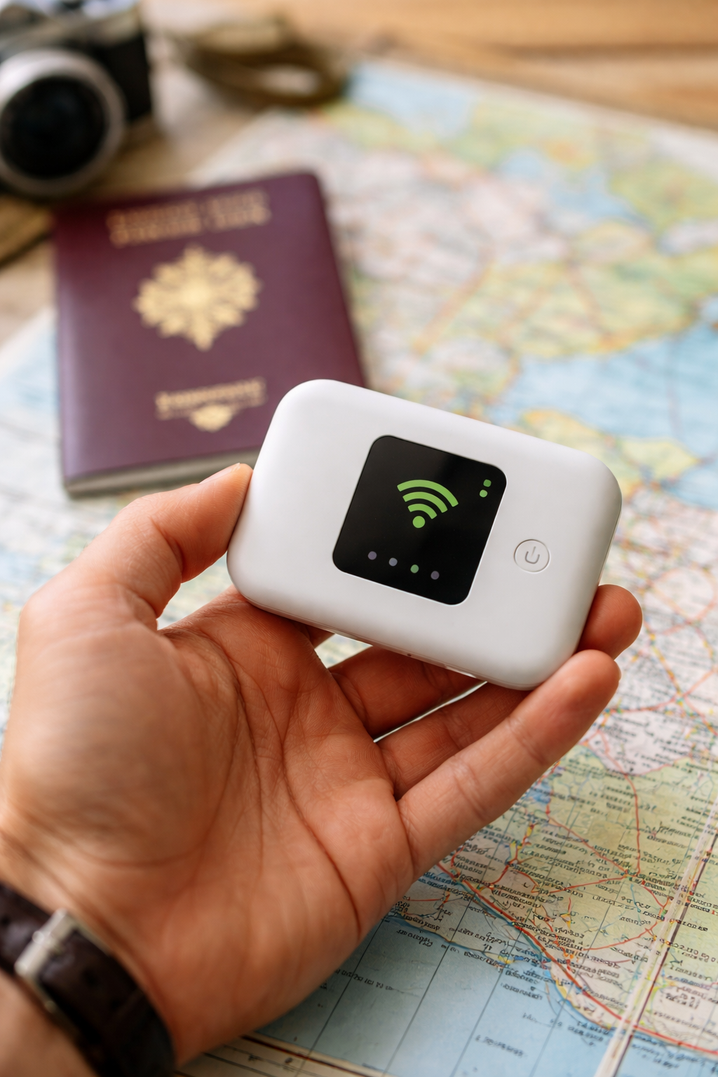 Hand holding Ryoko WiFi router while traveling