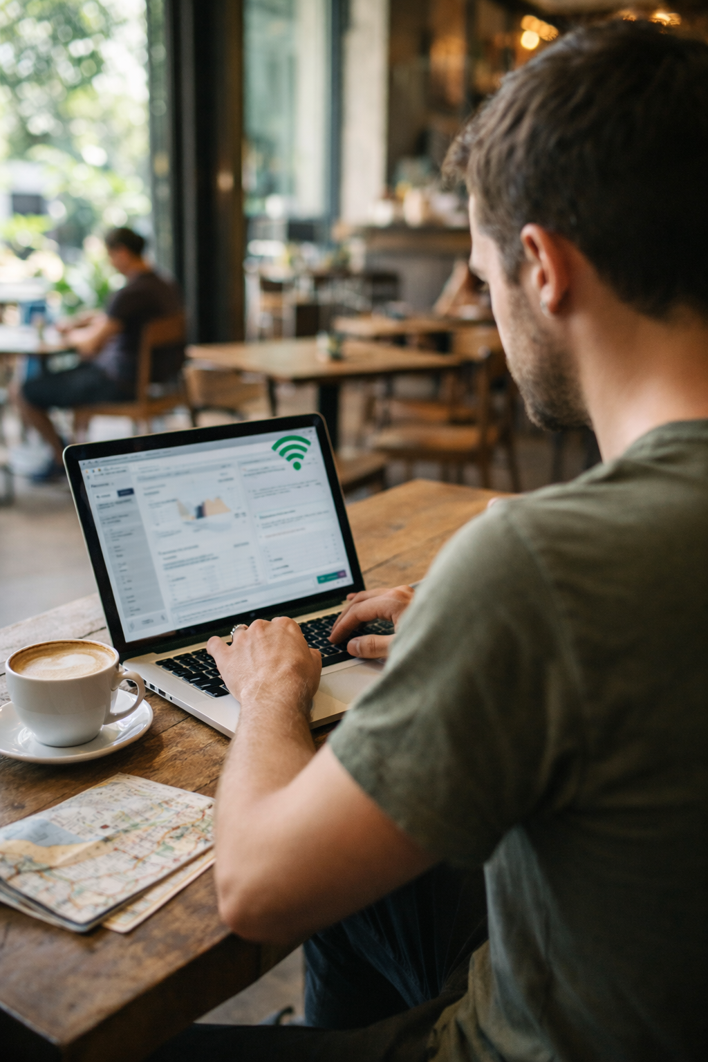Digital nomad working in cafe abroad