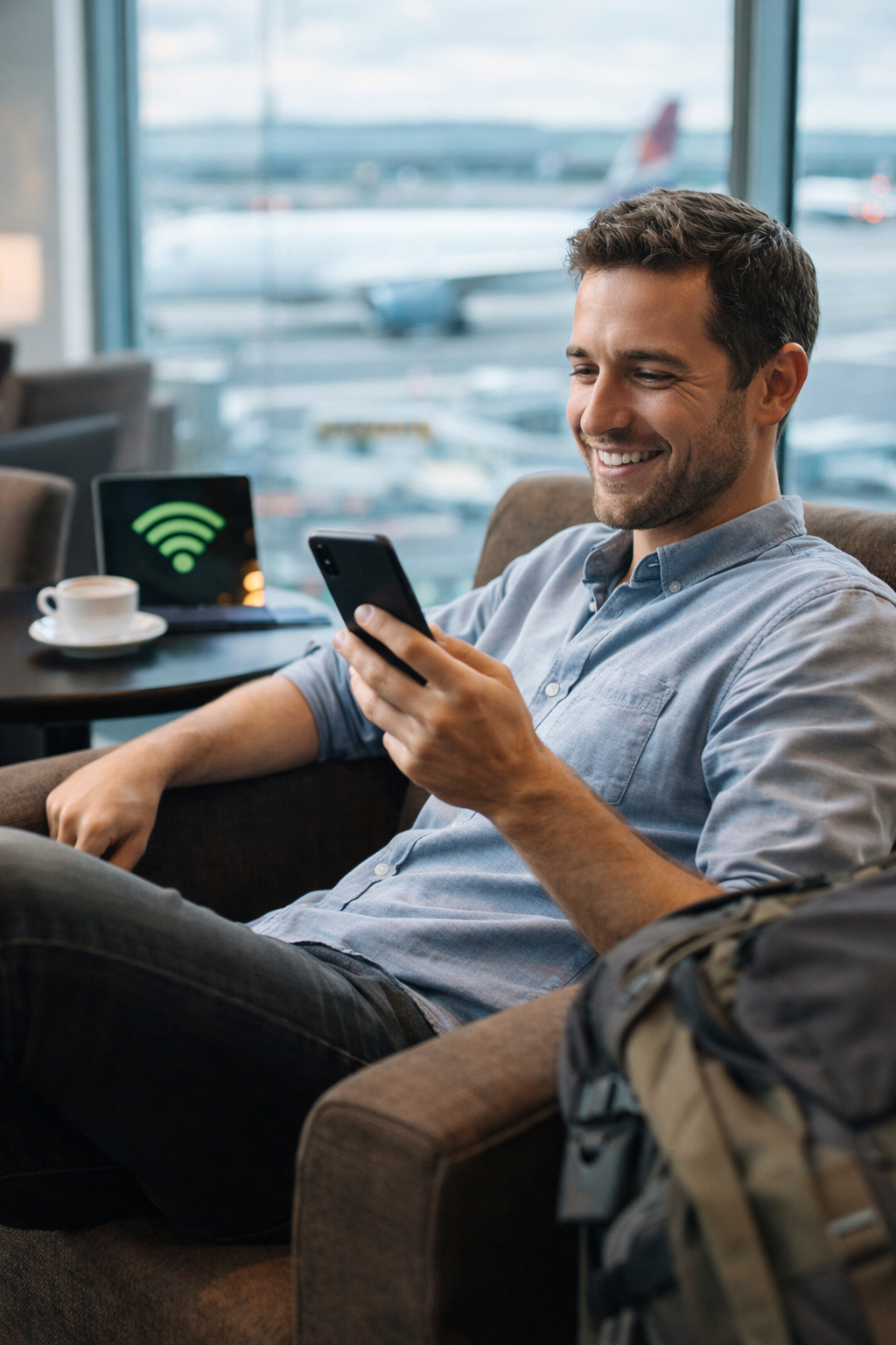 Traveler relaxed at airport with phone