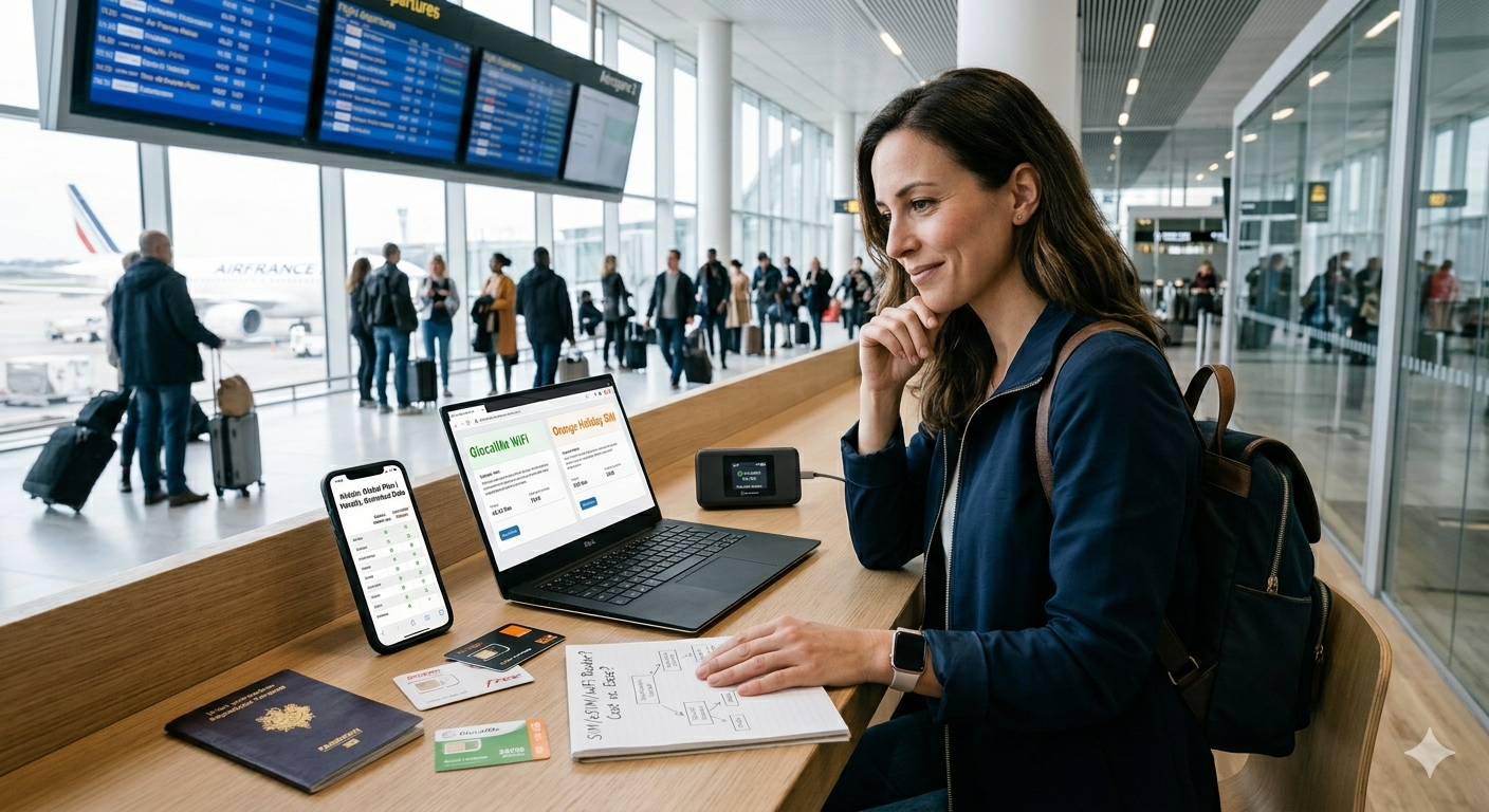 Traveler comparing connectivity options