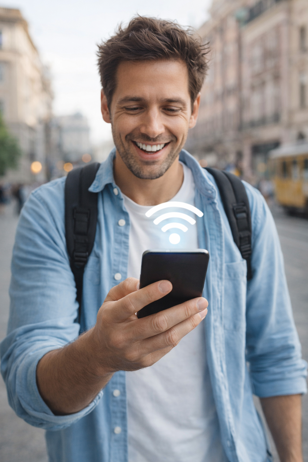 Happy traveler with smartphone