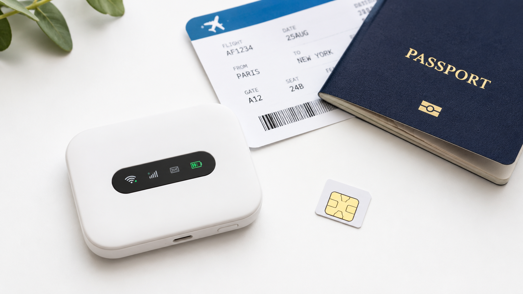 Ryoko WiFi Router next to a SIM card and passport